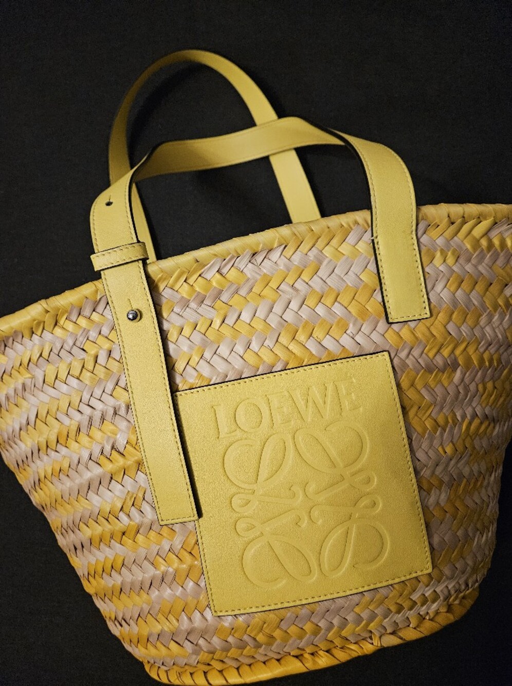 LOEWE Yellow Woven Medium Basket Bag With Calf Leather Handles